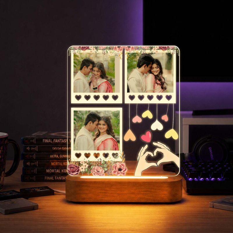Personalized Wedding & Valentine's Day Gift for Couples, Husband, Wife Decorative Bedside Night Light with Heart Hands Design and Wood Stand